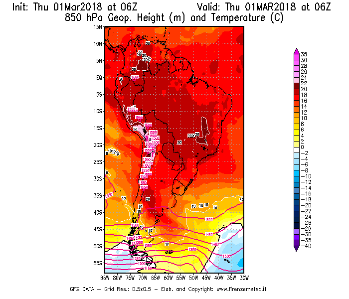 Mappa di analisi GFS - Geopotenziale [m] e Temperatura [°C] a 850 hPa in Sud-America
							del 01/03/2018 06 <!--googleoff: index-->UTC<!--googleon: index-->