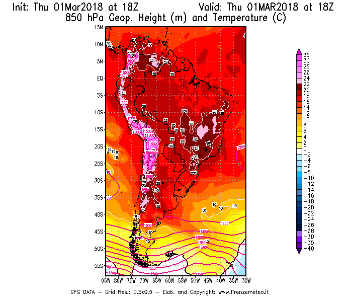 Mappa di analisi GFS - Geopotenziale [m] e Temperatura [°C] a 850 hPa in Sud-America
							del 01/03/2018 18 <!--googleoff: index-->UTC<!--googleon: index-->