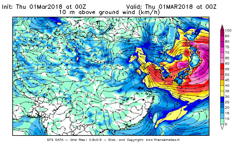 Mappa di analisi GFS - Velocità del vento a 10 metri dal suolo [km/h] in Asia Orientale
							del 01/03/2018 00 <!--googleoff: index-->UTC<!--googleon: index-->