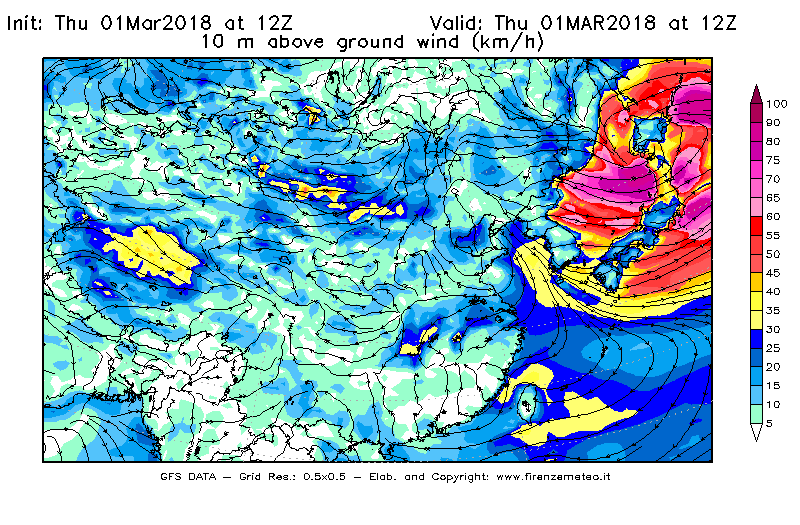 Mappa di analisi GFS - Velocità del vento a 10 metri dal suolo [km/h] in Asia Orientale
							del 01/03/2018 12 <!--googleoff: index-->UTC<!--googleon: index-->