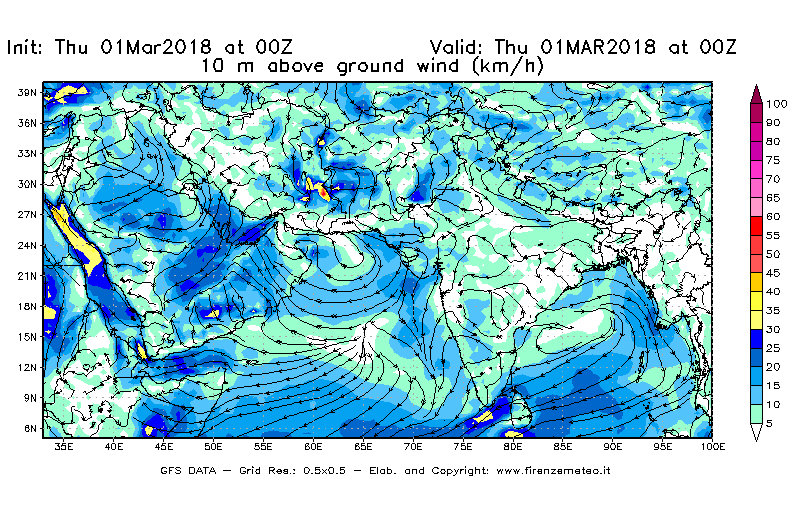 Mappa di analisi GFS - Velocità del vento a 10 metri dal suolo [km/h] in Asia Sud-Occidentale
							del 01/03/2018 00 <!--googleoff: index-->UTC<!--googleon: index-->