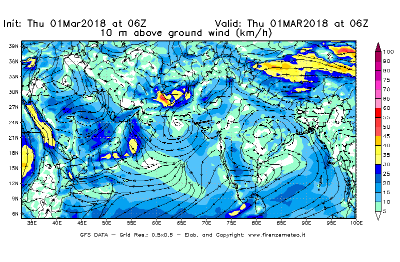 Mappa di analisi GFS - Velocità del vento a 10 metri dal suolo [km/h] in Asia Sud-Occidentale
							del 01/03/2018 06 <!--googleoff: index-->UTC<!--googleon: index-->