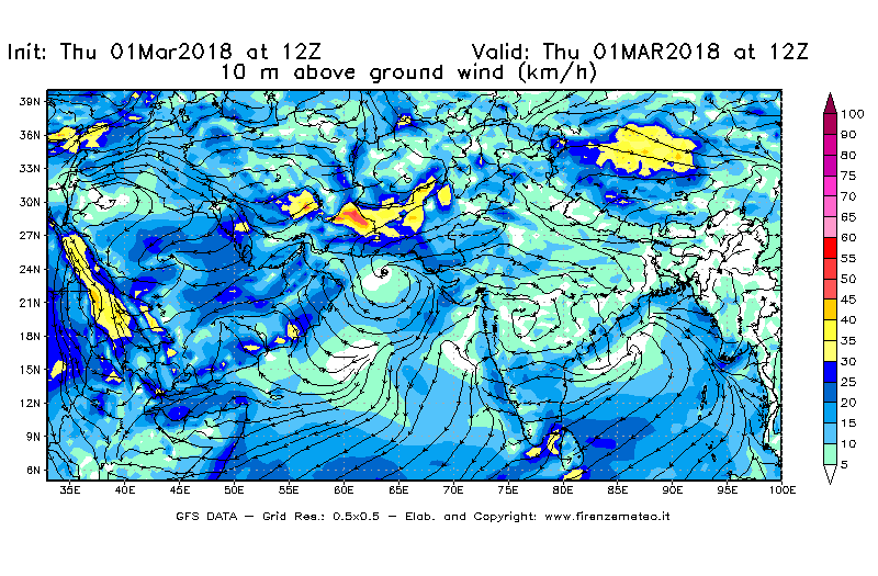 Mappa di analisi GFS - Velocità del vento a 10 metri dal suolo [km/h] in Asia Sud-Occidentale
							del 01/03/2018 12 <!--googleoff: index-->UTC<!--googleon: index-->