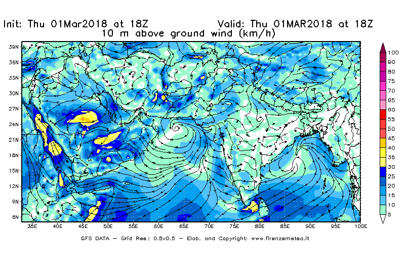 Mappa di analisi GFS - Velocità del vento a 10 metri dal suolo [km/h] in Asia Sud-Occidentale
							del 01/03/2018 18 <!--googleoff: index-->UTC<!--googleon: index-->