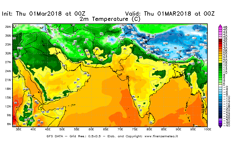 Mappa di analisi GFS - Temperatura a 2 metri dal suolo [°C] in Asia Sud-Occidentale
							del 01/03/2018 00 <!--googleoff: index-->UTC<!--googleon: index-->