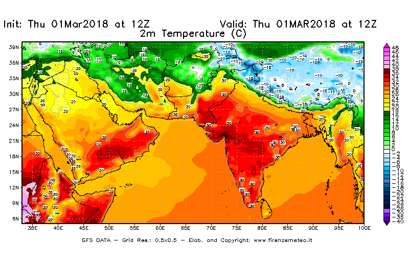 Mappa di analisi GFS - Temperatura a 2 metri dal suolo [°C] in Asia Sud-Occidentale
							del 01/03/2018 12 <!--googleoff: index-->UTC<!--googleon: index-->
