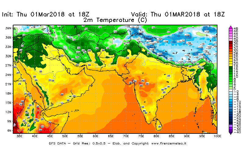 Mappa di analisi GFS - Temperatura a 2 metri dal suolo [°C] in Asia Sud-Occidentale
							del 01/03/2018 18 <!--googleoff: index-->UTC<!--googleon: index-->