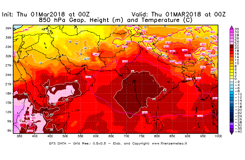 Mappa di analisi GFS - Geopotenziale [m] e Temperatura [°C] a 850 hPa in Asia Sud-Occidentale
							del 01/03/2018 00 <!--googleoff: index-->UTC<!--googleon: index-->