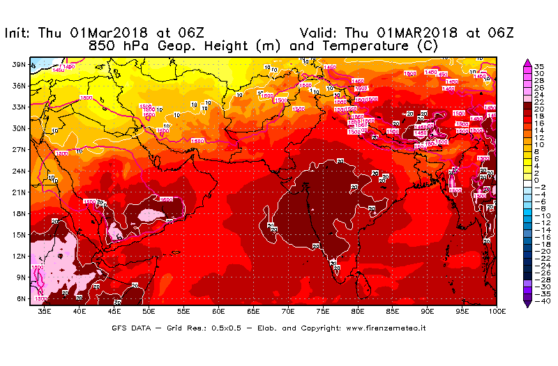Mappa di analisi GFS - Geopotenziale [m] e Temperatura [°C] a 850 hPa in Asia Sud-Occidentale
							del 01/03/2018 06 <!--googleoff: index-->UTC<!--googleon: index-->