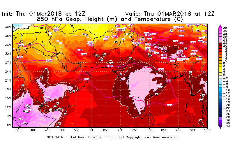 Mappa di analisi GFS - Geopotenziale [m] e Temperatura [°C] a 850 hPa in Asia Sud-Occidentale
							del 01/03/2018 12 <!--googleoff: index-->UTC<!--googleon: index-->