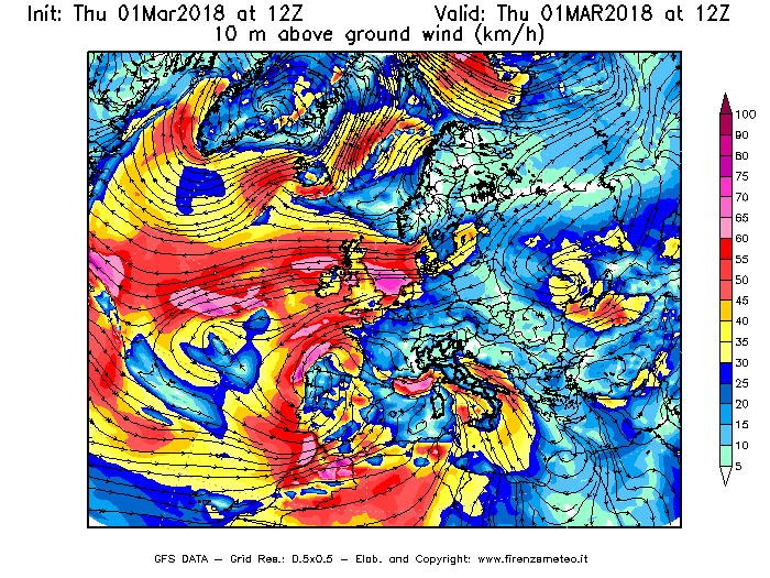 Mappa di analisi GFS - Velocità del vento a 10 metri dal suolo [km/h] in Europa
							del 01/03/2018 12 <!--googleoff: index-->UTC<!--googleon: index-->