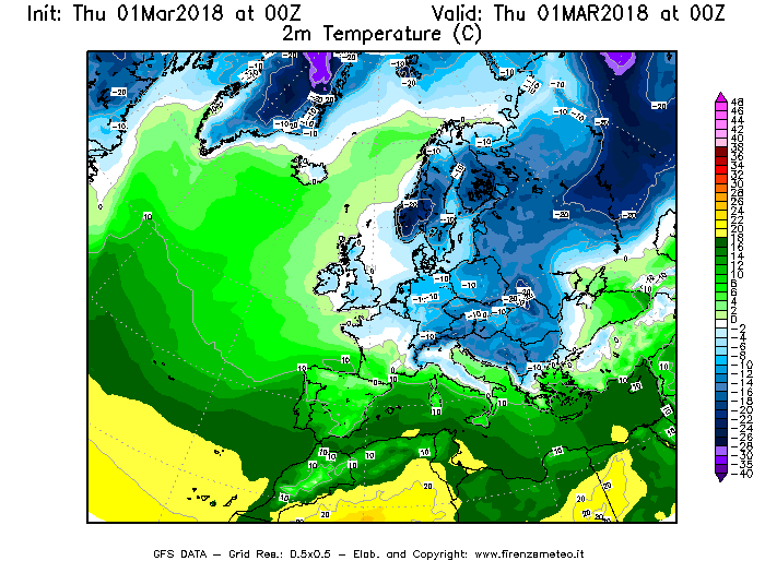 Mappa di analisi GFS - Temperatura a 2 metri dal suolo [°C] in Europa
							del 01/03/2018 00 <!--googleoff: index-->UTC<!--googleon: index-->