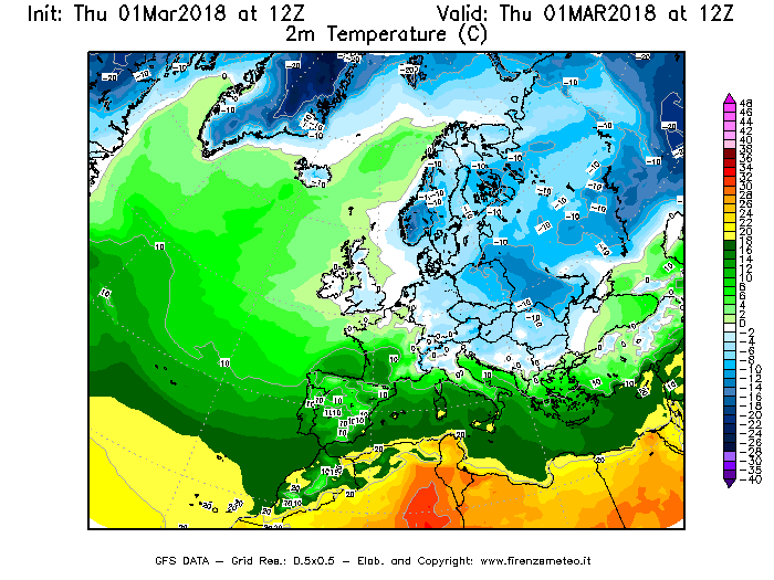 Mappa di analisi GFS - Temperatura a 2 metri dal suolo [°C] in Europa
							del 01/03/2018 12 <!--googleoff: index-->UTC<!--googleon: index-->