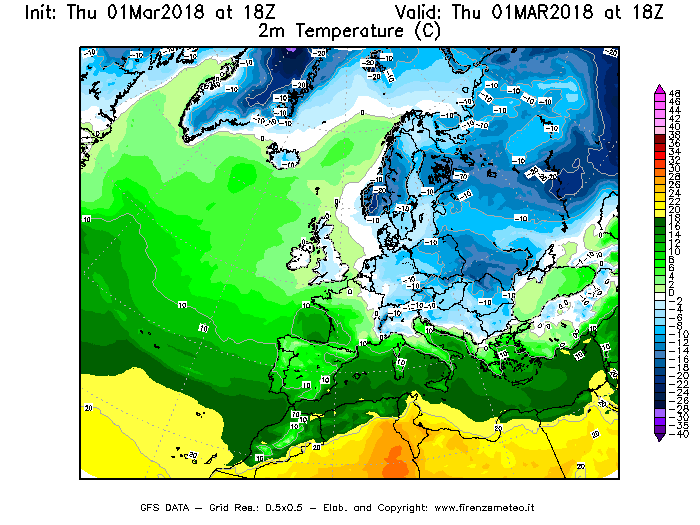 Mappa di analisi GFS - Temperatura a 2 metri dal suolo [°C] in Europa
							del 01/03/2018 18 <!--googleoff: index-->UTC<!--googleon: index-->