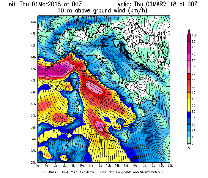 Mappa di analisi GFS - Velocità del vento a 10 metri dal suolo [km/h] in Italia
							del 01/03/2018 00 <!--googleoff: index-->UTC<!--googleon: index-->