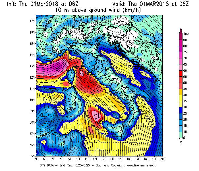 Mappa di analisi GFS - Velocità del vento a 10 metri dal suolo [km/h] in Italia
							del 01/03/2018 06 <!--googleoff: index-->UTC<!--googleon: index-->