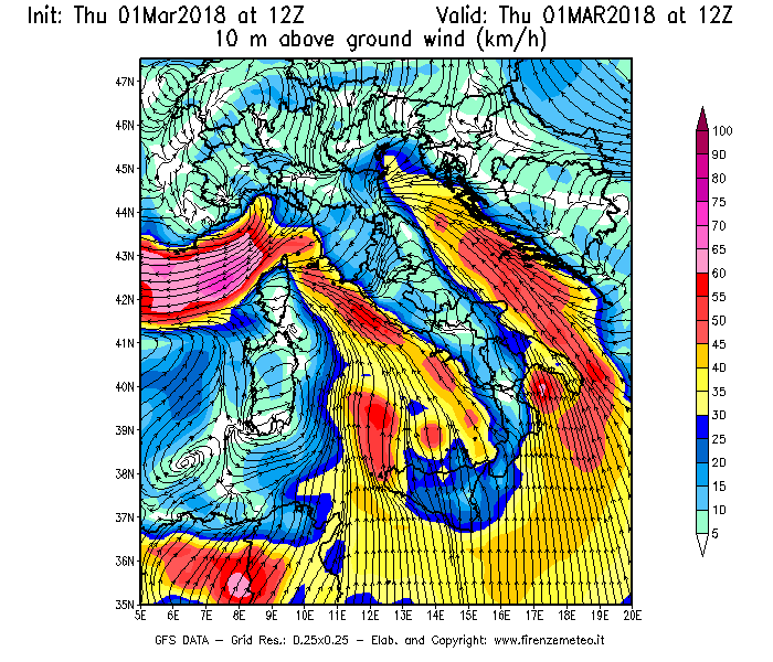 Mappa di analisi GFS - Velocità del vento a 10 metri dal suolo [km/h] in Italia
							del 01/03/2018 12 <!--googleoff: index-->UTC<!--googleon: index-->