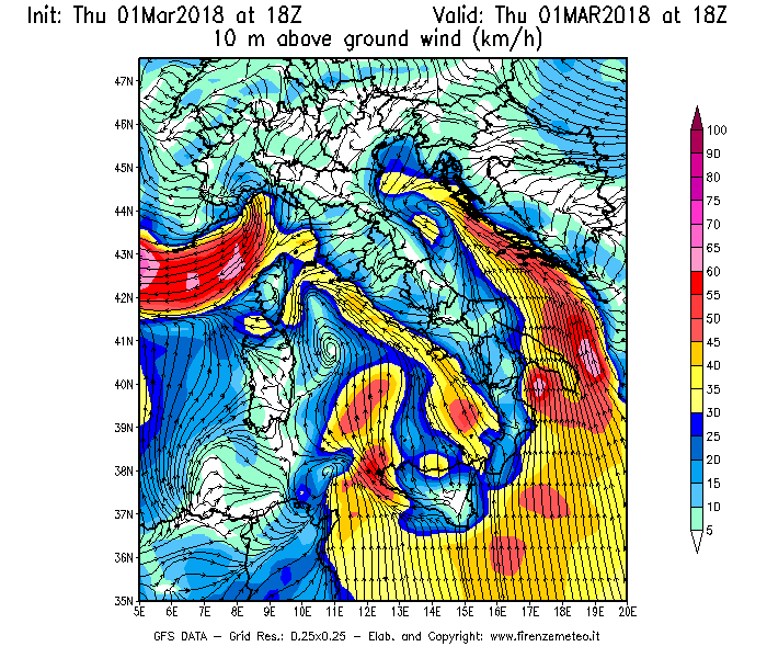 Mappa di analisi GFS - Velocità del vento a 10 metri dal suolo [km/h] in Italia
							del 01/03/2018 18 <!--googleoff: index-->UTC<!--googleon: index-->