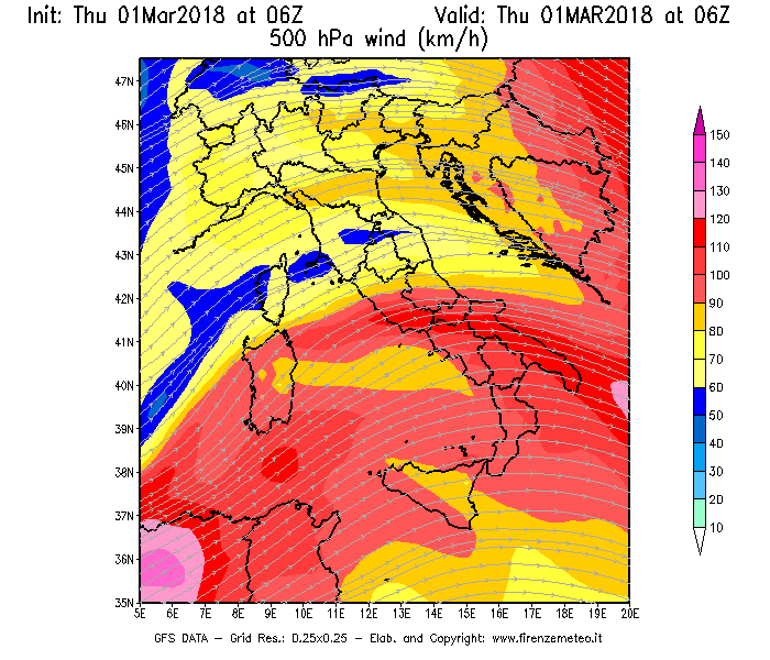 Mappa di analisi GFS - Velocità del vento a 500 hPa [km/h] in Italia
							del 01/03/2018 06 <!--googleoff: index-->UTC<!--googleon: index-->
