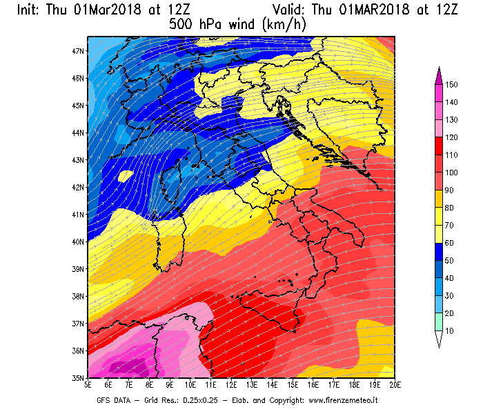 Mappa di analisi GFS - Velocità del vento a 500 hPa [km/h] in Italia
							del 01/03/2018 12 <!--googleoff: index-->UTC<!--googleon: index-->