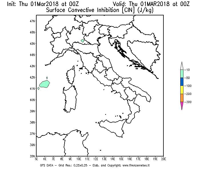 Mappa di analisi GFS - CIN [J/kg] in Italia
							del 01/03/2018 00 <!--googleoff: index-->UTC<!--googleon: index-->