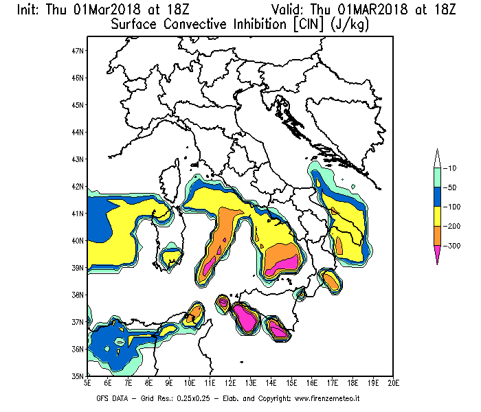 Mappa di analisi GFS - CIN [J/kg] in Italia
							del 01/03/2018 18 <!--googleoff: index-->UTC<!--googleon: index-->