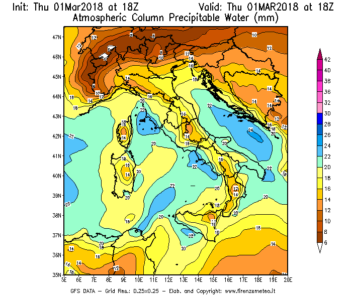 Mappa di analisi GFS - Precipitable Water [mm] in Italia
							del 01/03/2018 18 <!--googleoff: index-->UTC<!--googleon: index-->