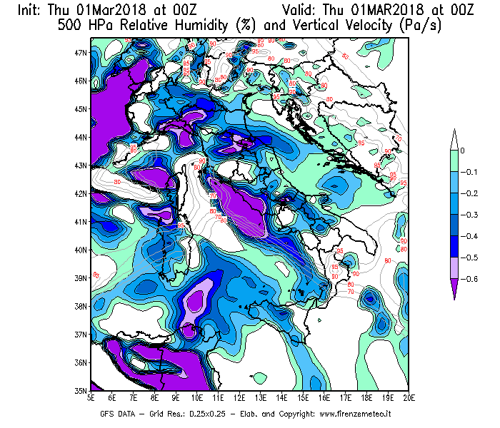 Mappa di analisi GFS - Umidità relativa [%] e Omega [Pa/s] a 500 hPa in Italia
							del 01/03/2018 00 <!--googleoff: index-->UTC<!--googleon: index-->