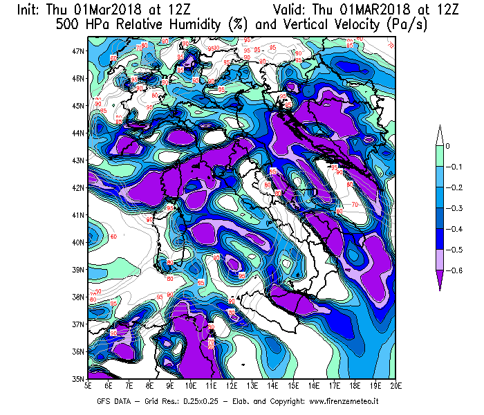 Mappa di analisi GFS - Umidità relativa [%] e Omega [Pa/s] a 500 hPa in Italia
							del 01/03/2018 12 <!--googleoff: index-->UTC<!--googleon: index-->