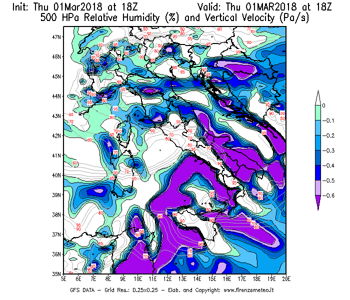 Mappa di analisi GFS - Umidità relativa [%] e Omega [Pa/s] a 500 hPa in Italia
							del 01/03/2018 18 <!--googleoff: index-->UTC<!--googleon: index-->