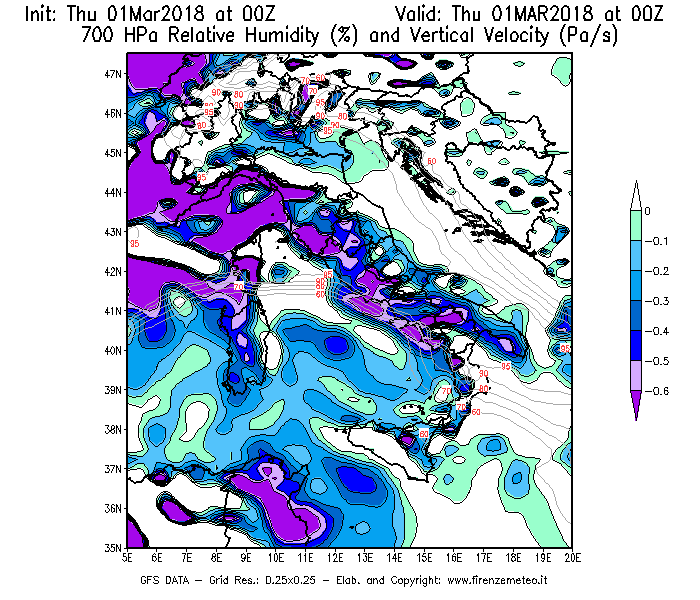 Mappa di analisi GFS - Umidità relativa [%] e Omega [Pa/s] a 700 hPa in Italia
							del 01/03/2018 00 <!--googleoff: index-->UTC<!--googleon: index-->