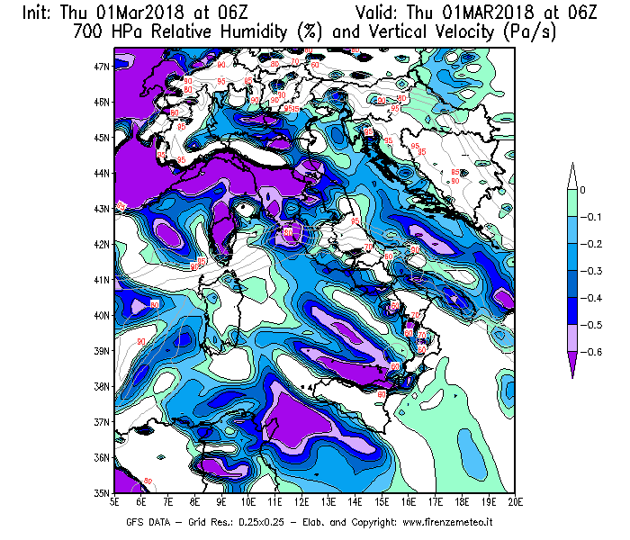 Mappa di analisi GFS - Umidità relativa [%] e Omega [Pa/s] a 700 hPa in Italia
							del 01/03/2018 06 <!--googleoff: index-->UTC<!--googleon: index-->