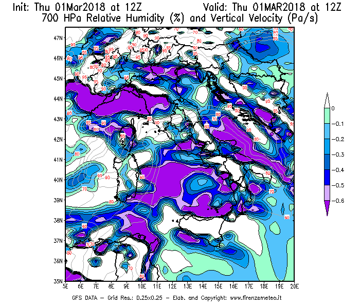 Mappa di analisi GFS - Umidità relativa [%] e Omega [Pa/s] a 700 hPa in Italia
							del 01/03/2018 12 <!--googleoff: index-->UTC<!--googleon: index-->