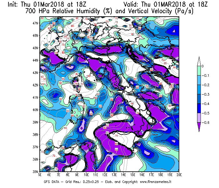 Mappa di analisi GFS - Umidità relativa [%] e Omega [Pa/s] a 700 hPa in Italia
							del 01/03/2018 18 <!--googleoff: index-->UTC<!--googleon: index-->