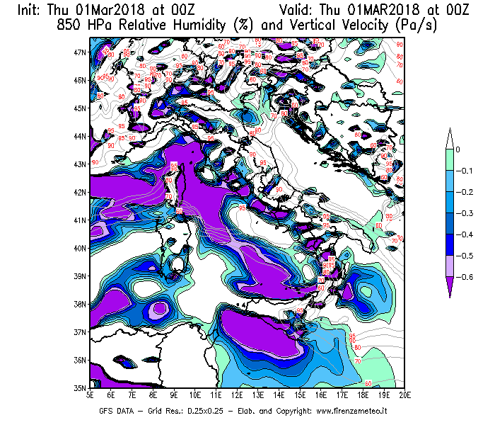 Mappa di analisi GFS - Umidità relativa [%] e Omega [Pa/s] a 850 hPa in Italia
							del 01/03/2018 00 <!--googleoff: index-->UTC<!--googleon: index-->