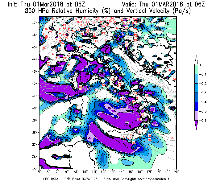 Mappa di analisi GFS - Umidità relativa [%] e Omega [Pa/s] a 850 hPa in Italia
							del 01/03/2018 06 <!--googleoff: index-->UTC<!--googleon: index-->