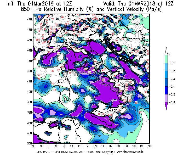 Mappa di analisi GFS - Umidità relativa [%] e Omega [Pa/s] a 850 hPa in Italia
							del 01/03/2018 12 <!--googleoff: index-->UTC<!--googleon: index-->