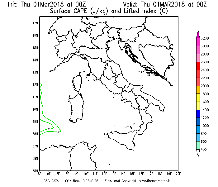 Mappa di analisi GFS - CAPE [J/kg] e Lifted Index [°C] in Italia
							del 01/03/2018 00 <!--googleoff: index-->UTC<!--googleon: index-->
