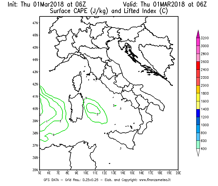 Mappa di analisi GFS - CAPE [J/kg] e Lifted Index [°C] in Italia
							del 01/03/2018 06 <!--googleoff: index-->UTC<!--googleon: index-->