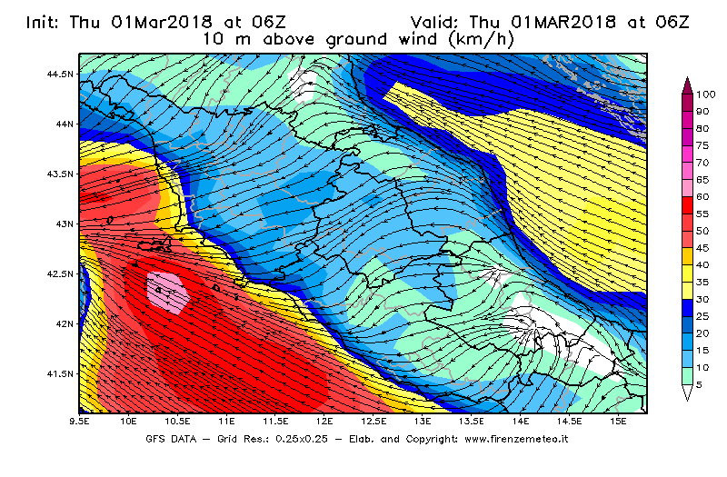 Mappa di analisi GFS - Velocità del vento a 10 metri dal suolo [km/h] in Centro-Italia
							del 01/03/2018 06 <!--googleoff: index-->UTC<!--googleon: index-->