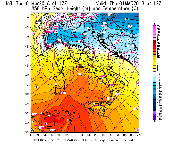 Mappa di analisi GFS - Geopotenziale [m] e Temperatura [°C] a 850 hPa in Italia
							del 01/03/2018 12 <!--googleoff: index-->UTC<!--googleon: index-->