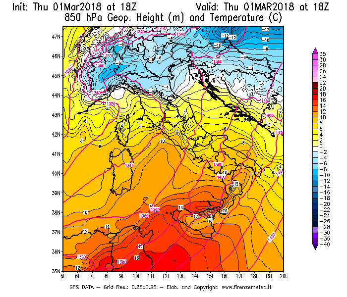 Mappa di analisi GFS - Geopotenziale [m] e Temperatura [°C] a 850 hPa in Italia
							del 01/03/2018 18 <!--googleoff: index-->UTC<!--googleon: index-->