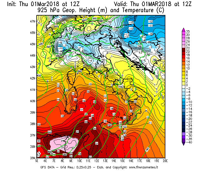 Mappa di analisi GFS - Geopotenziale [m] e Temperatura [°C] a 925 hPa in Italia
							del 01/03/2018 12 <!--googleoff: index-->UTC<!--googleon: index-->