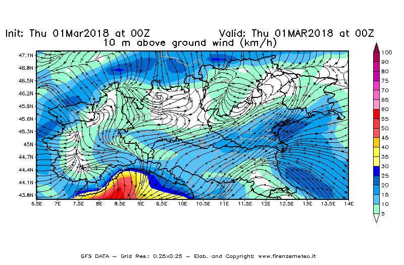 Mappa di analisi GFS - Velocità del vento a 10 metri dal suolo [km/h] in Nord-Italia
							del 01/03/2018 00 <!--googleoff: index-->UTC<!--googleon: index-->