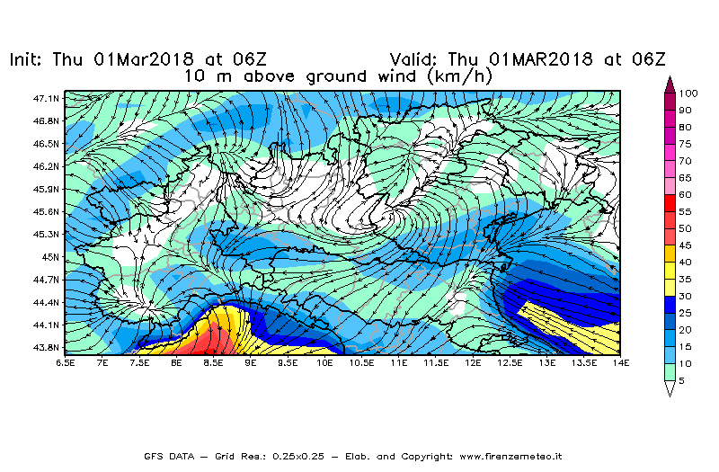 Mappa di analisi GFS - Velocità del vento a 10 metri dal suolo [km/h] in Nord-Italia
							del 01/03/2018 06 <!--googleoff: index-->UTC<!--googleon: index-->