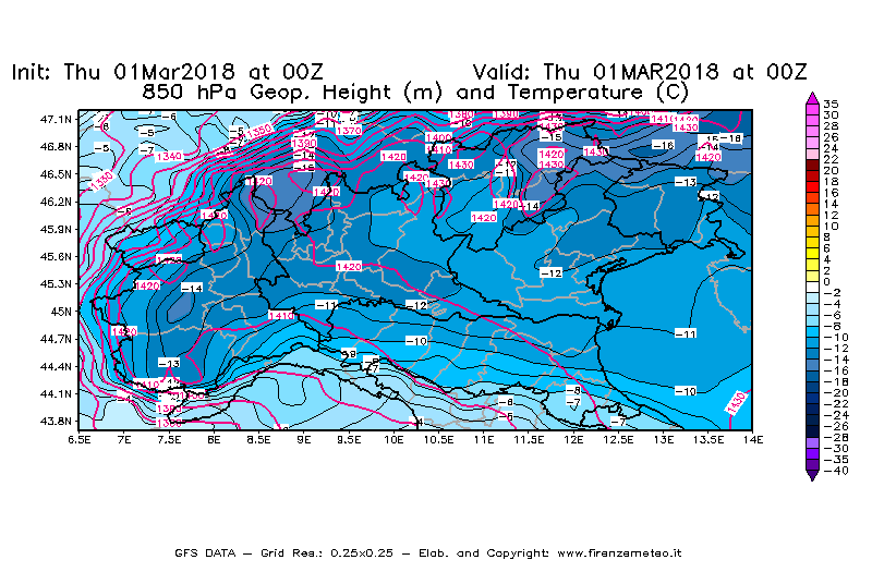 Mappa di analisi GFS - Geopotenziale [m] e Temperatura [°C] a 850 hPa in Nord-Italia
							del 01/03/2018 00 <!--googleoff: index-->UTC<!--googleon: index-->