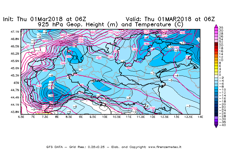 Mappa di analisi GFS - Geopotenziale [m] e Temperatura [°C] a 925 hPa in Nord-Italia
							del 01/03/2018 06 <!--googleoff: index-->UTC<!--googleon: index-->
