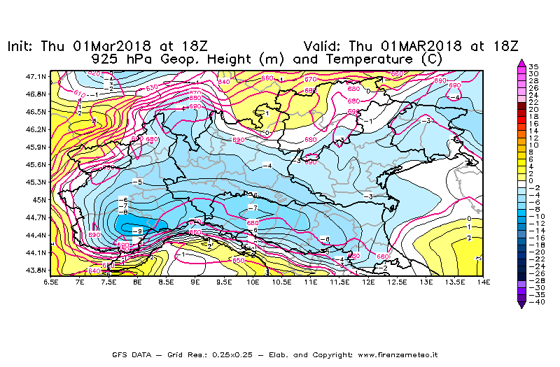 Mappa di analisi GFS - Geopotenziale [m] e Temperatura [°C] a 925 hPa in Nord-Italia
							del 01/03/2018 18 <!--googleoff: index-->UTC<!--googleon: index-->