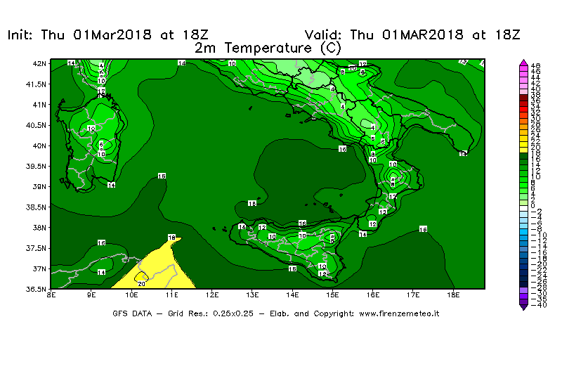 Mappa di analisi GFS - Temperatura a 2 metri dal suolo [°C] in Sud-Italia
							del 01/03/2018 18 <!--googleoff: index-->UTC<!--googleon: index-->