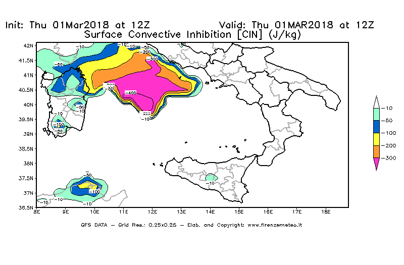 Mappa di analisi GFS - CIN [J/kg] in Sud-Italia
							del 01/03/2018 12 <!--googleoff: index-->UTC<!--googleon: index-->